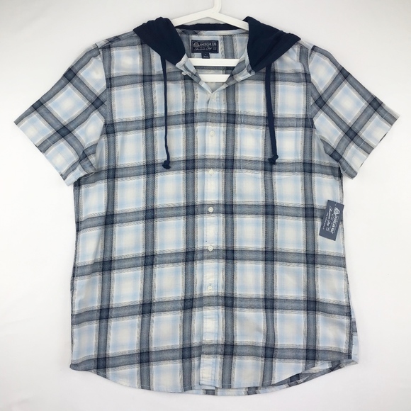 American Rag Mens Ian Blue Plaid Hooded Shirt - Picture 1 of 6